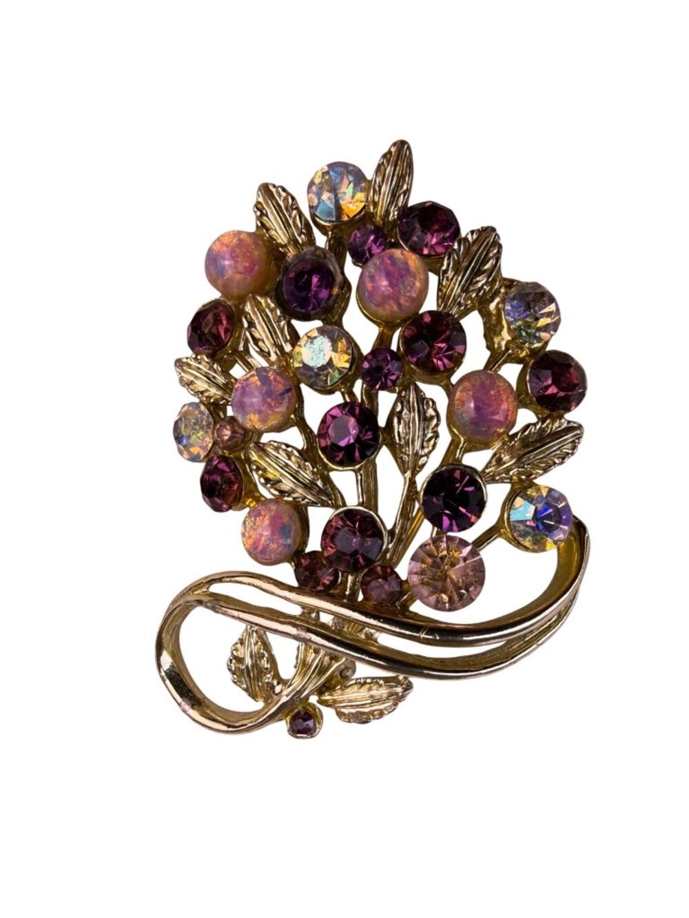 Vintage Gold Tone Womens Floral Rhinestone Brooch Purple & Multicolor Crystal